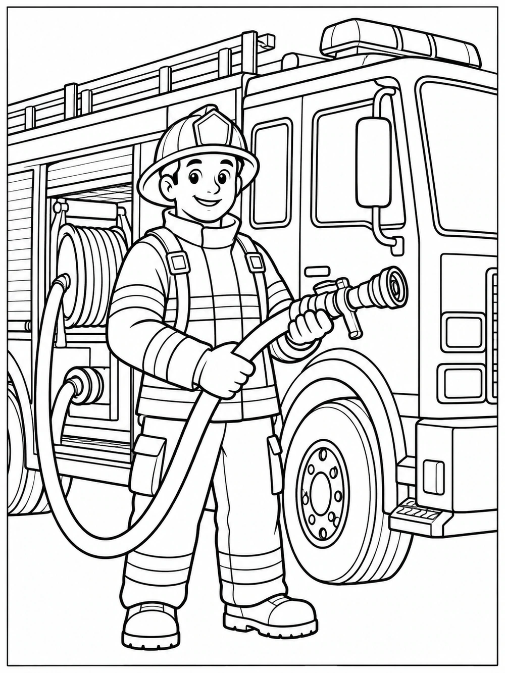 Friendly firefighter holding a hose beside a fire engine with a hose reel
