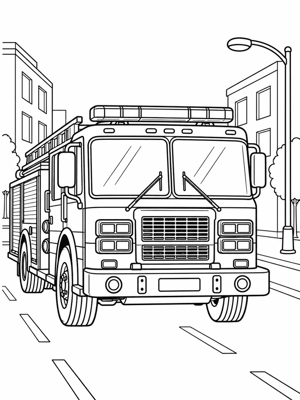 Front-facing fire engine driving down a city street, with buildings and streetlamps behind it