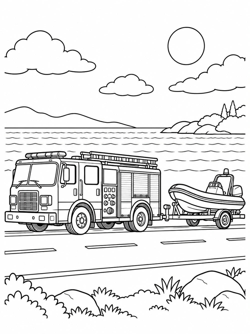 Side-view fire engine towing a rescue boat on a trailer, with water and a simple landscape behind it.