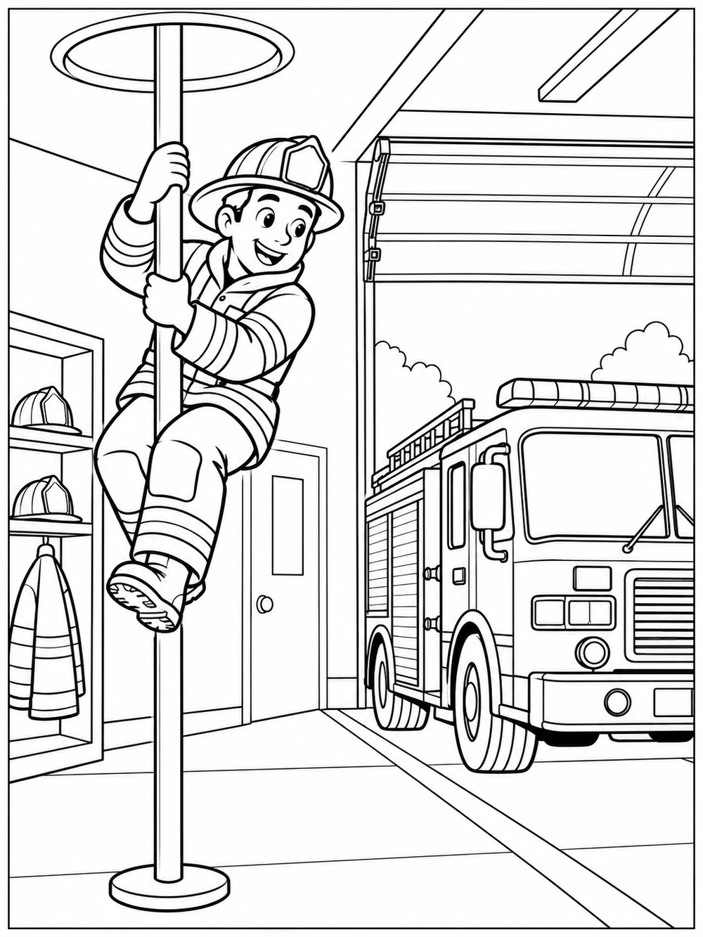 A smiling firefighter sliding down a firehouse pole beside a parked fire engine