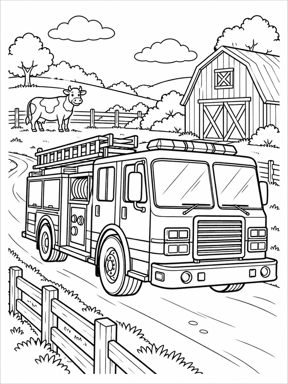 A large fire truck on a country lane beside a barn, fence, and a cow in the pasture.