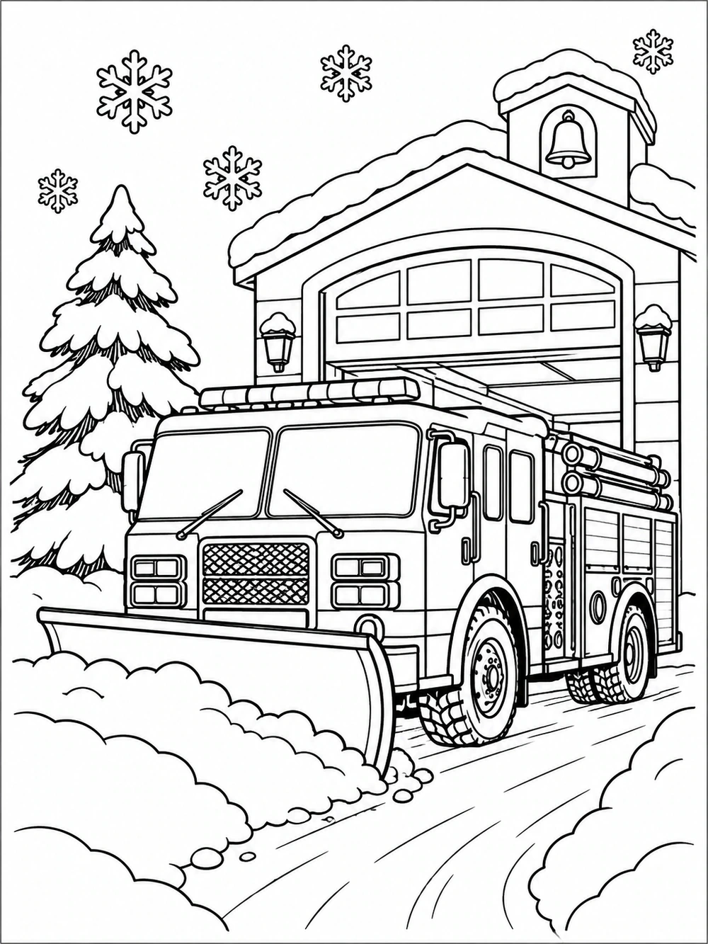 Fire truck with a front snowplow clearing snow outside a fire station, with snowflakes and an evergreen.