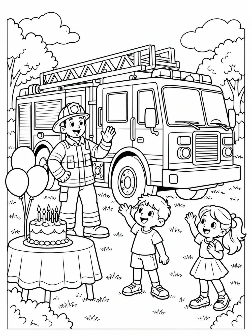 A smiling firefighter waves beside a large fire truck while two children wave near a birthday cake and balloons.