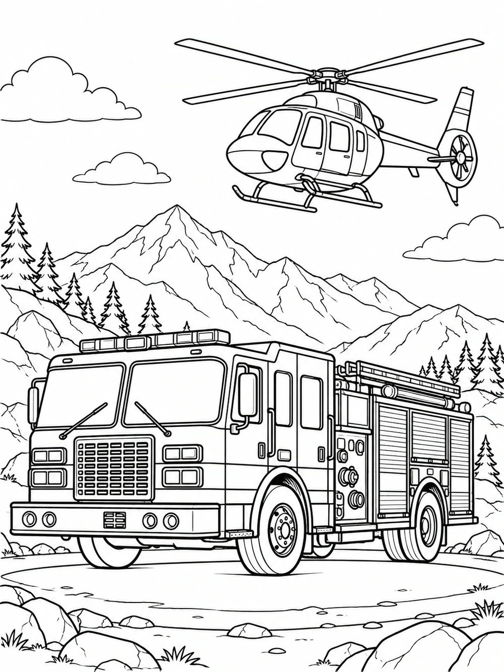 Fire truck parked on a mountain landing area beneath a helicopter