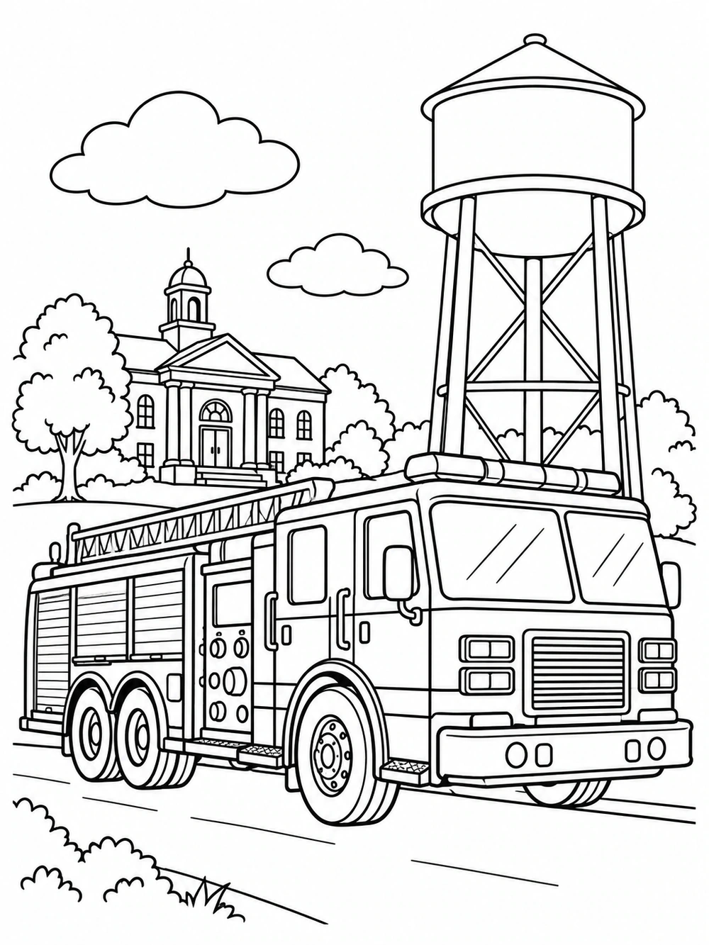 Fire engine in front of a tall four-legged water tower, with a small town hall, trees, and clouds behind it.