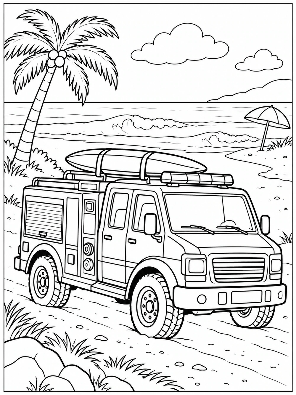 Fire rescue truck with a rescue board on its roof, parked on a sandy beach path with waves and an umbrella in the distance.