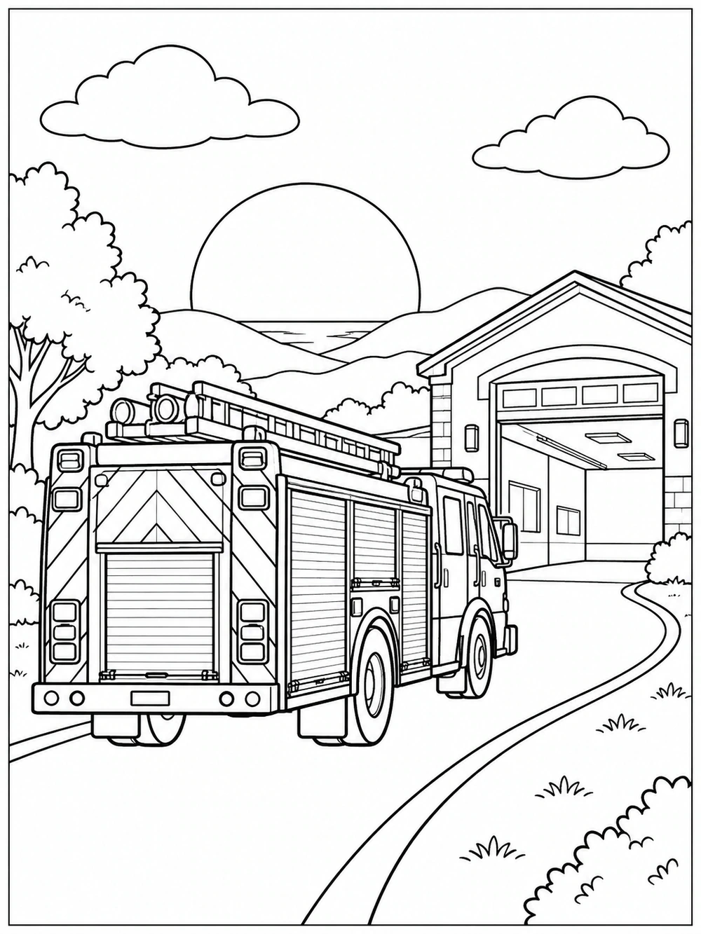 Fire engine returning to the station at sunset, with a curving road and open station bay.