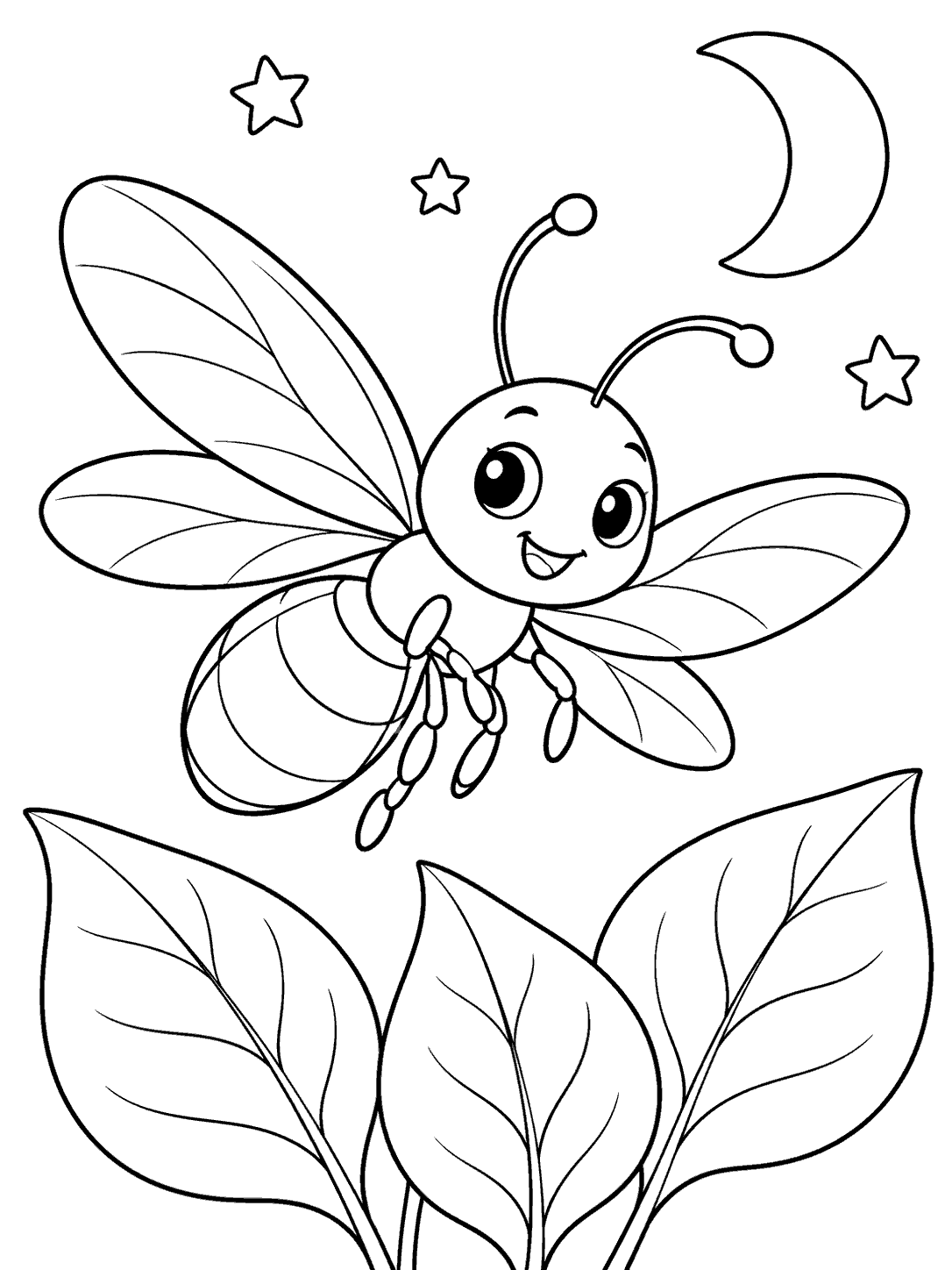 Smiling firefly with open wings above three large garden leaves, with a crescent moon and three outlined stars