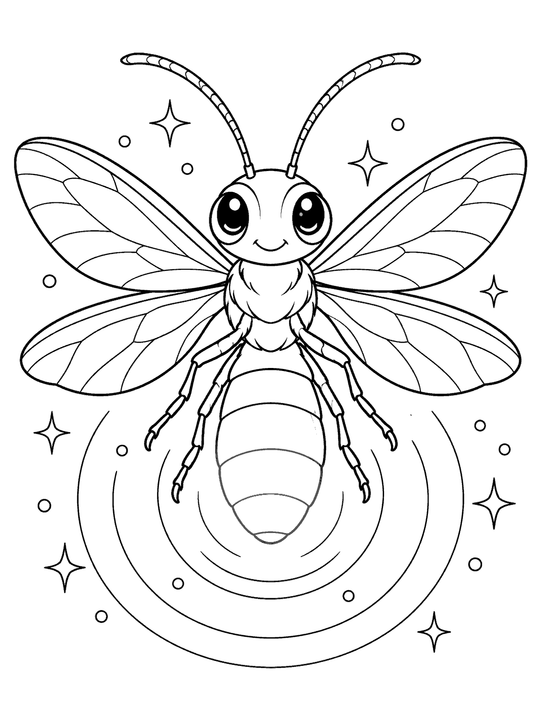 Large smiling firefly with symmetrical open wings, a segmented abdomen, and surrounding glow rings and sparkles.
