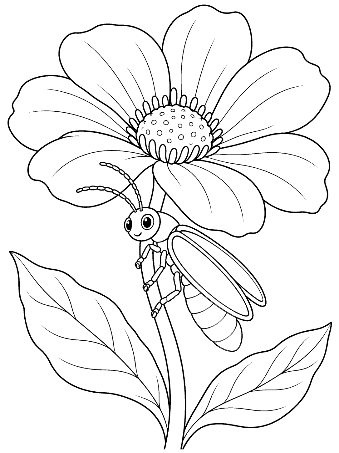 Black-outline coloring page of a firefly perched diagonally on a wildflower stem, with two leaves.
