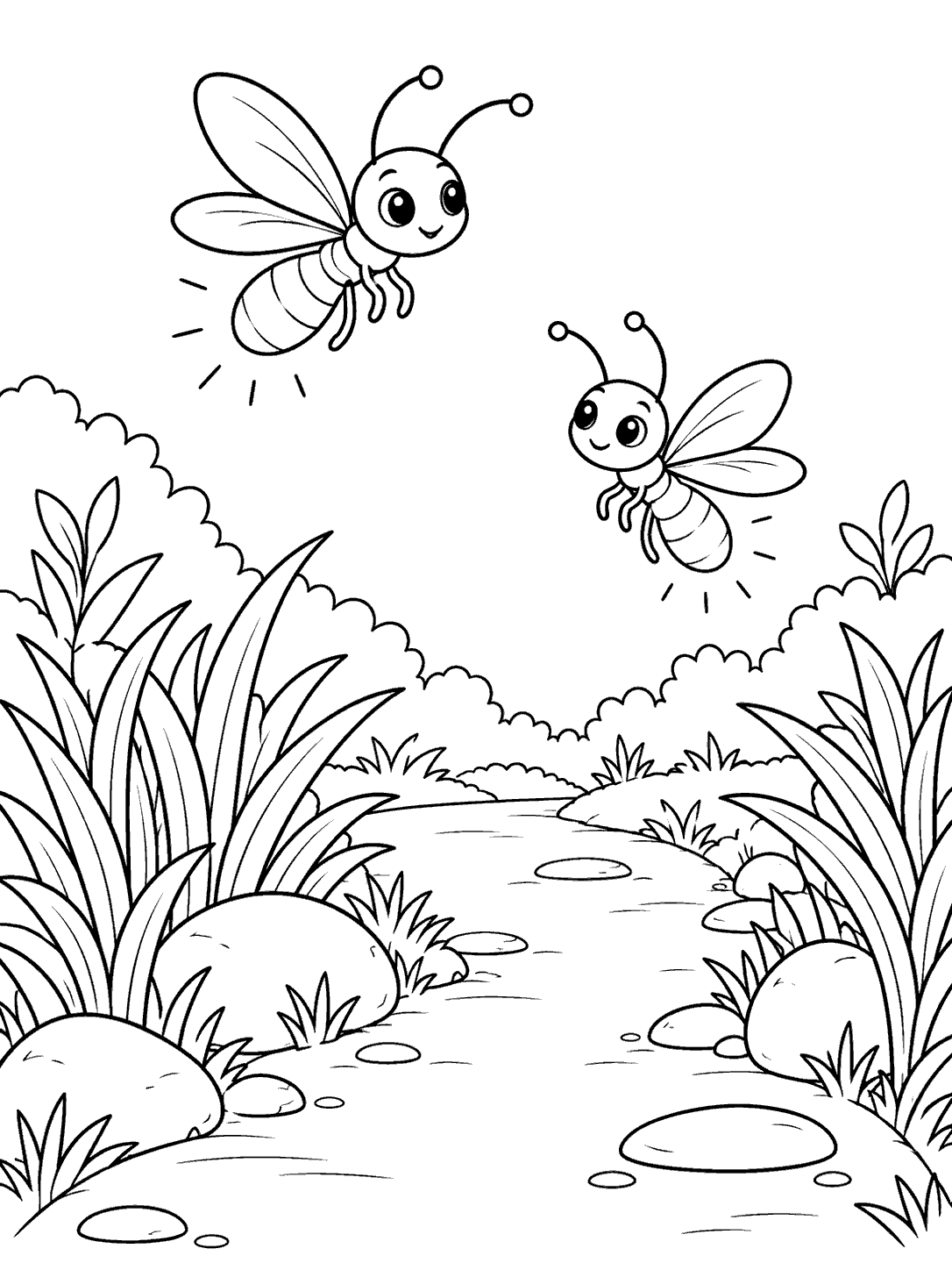 Two cheerful fireflies hover at different heights above a wide garden path bordered by grass tufts and rounded stones.
