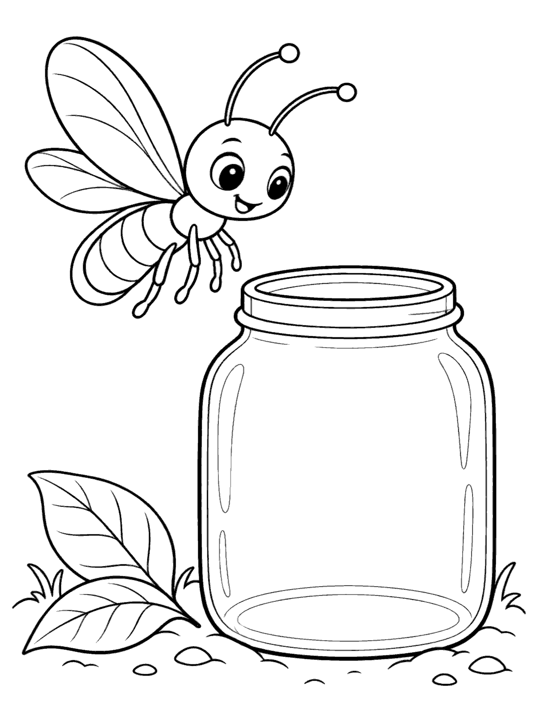 Firefly hovering beside a large open glass jar resting among leaves