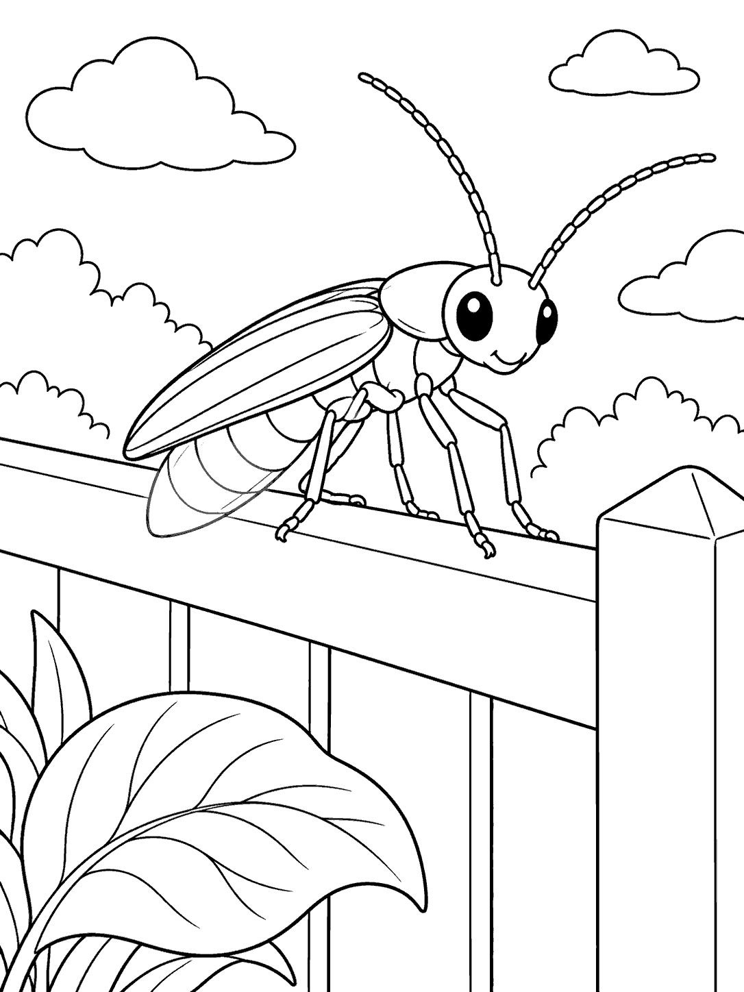A large smiling firefly rests on a wide garden fence rail above broad leaves, with clouds in the sky.