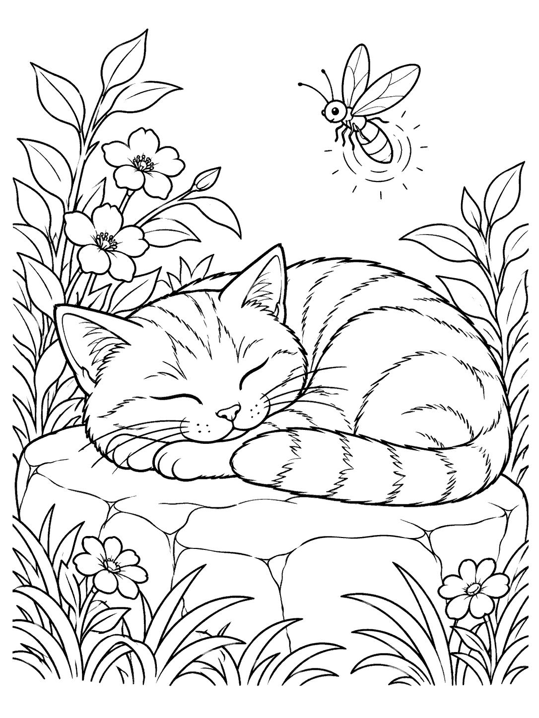 A winged firefly with a ringed abdomen hovers above a curled sleeping cat on a garden stone, surrounded by flowers and leaves.