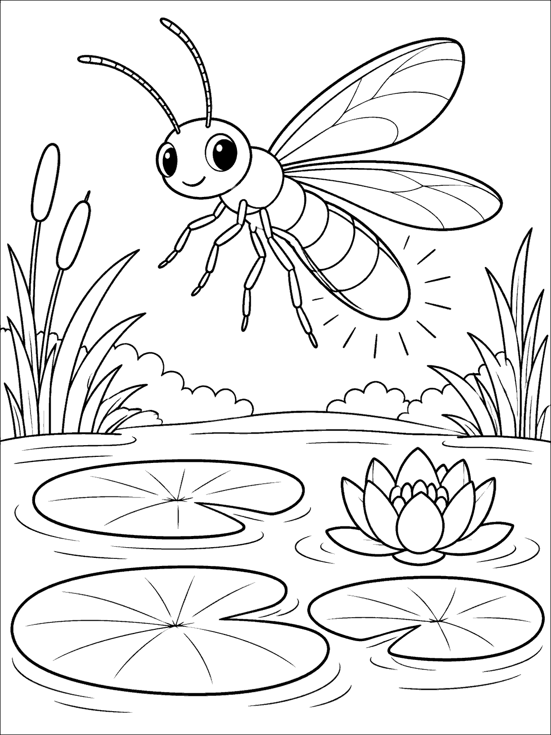 A smiling firefly with wings above a pond with three lily pads and a water lily.