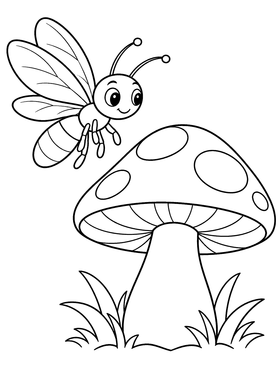 A smiling firefly in flight beside a large spotted mushroom, with grass at its base.