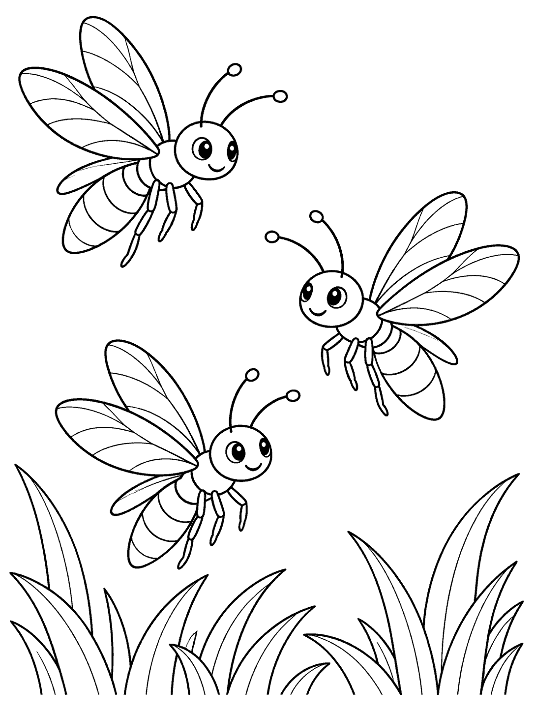 Three smiling fireflies with visible wings floating above broad meadow grass blades