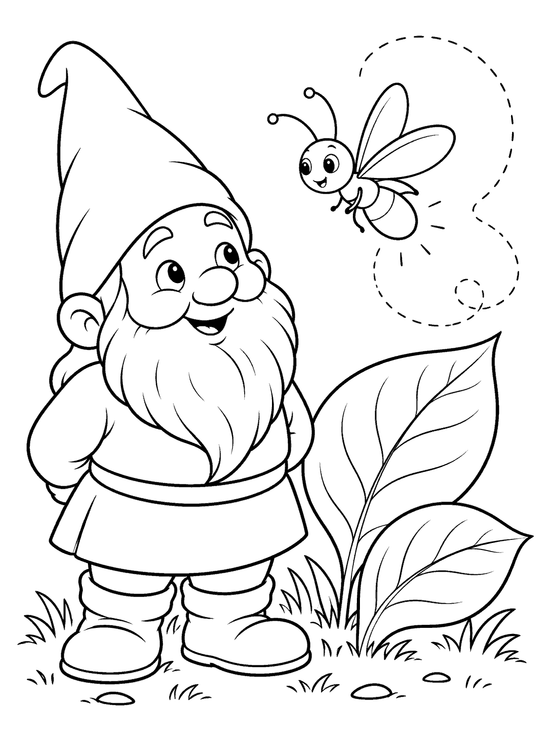 Smiling garden gnome in a pointed hat beside two broad leaves as a firefly circles overhead