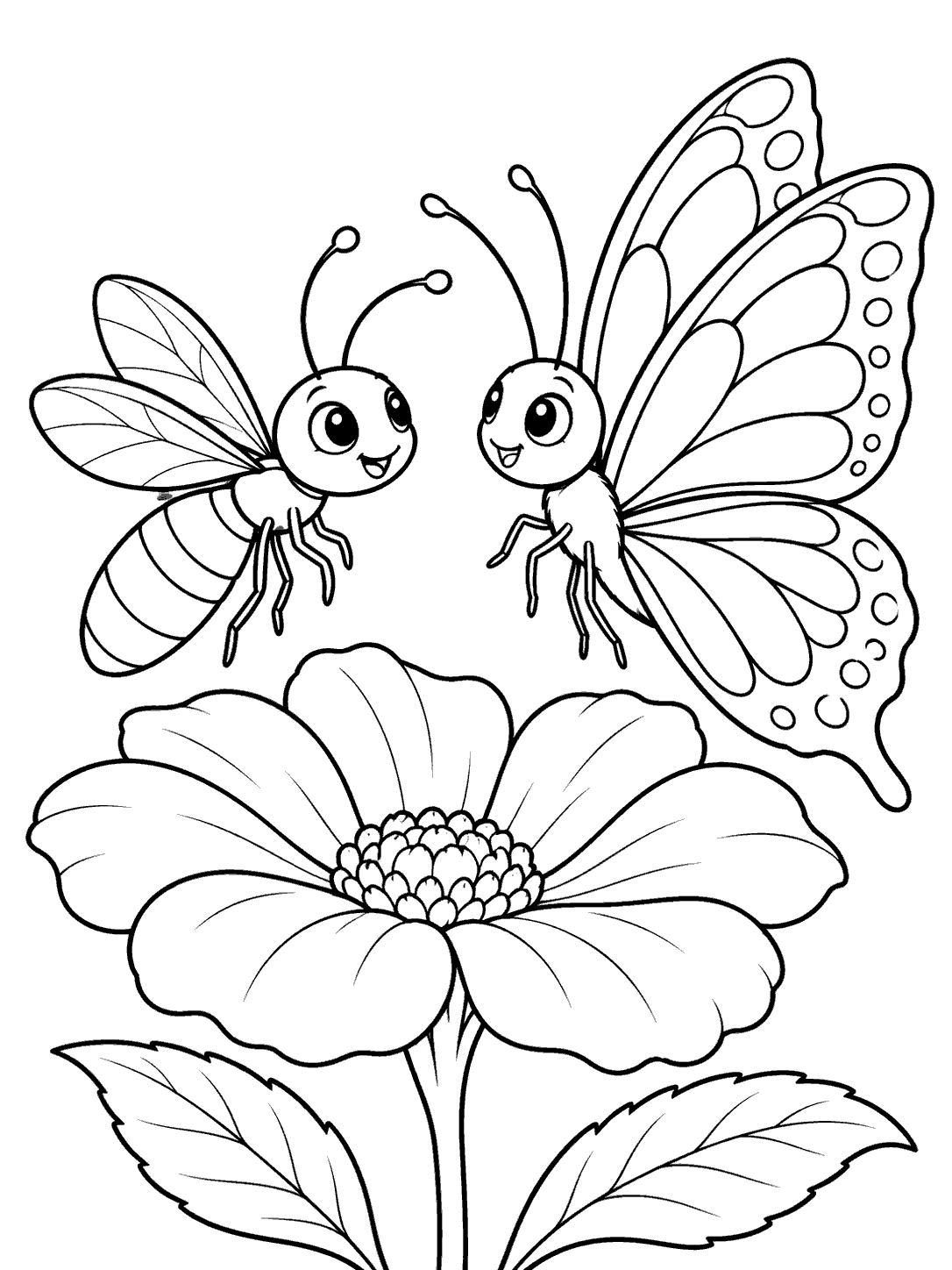 A segmented firefly and a broad-winged butterfly face each other above one large flower with leaves.