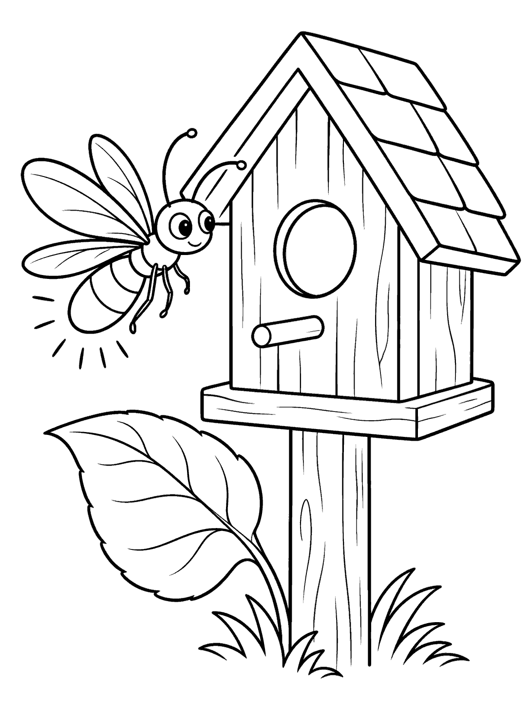 A smiling firefly hovering beside a wooden birdhouse with a round entrance, with a large leaf near the post.