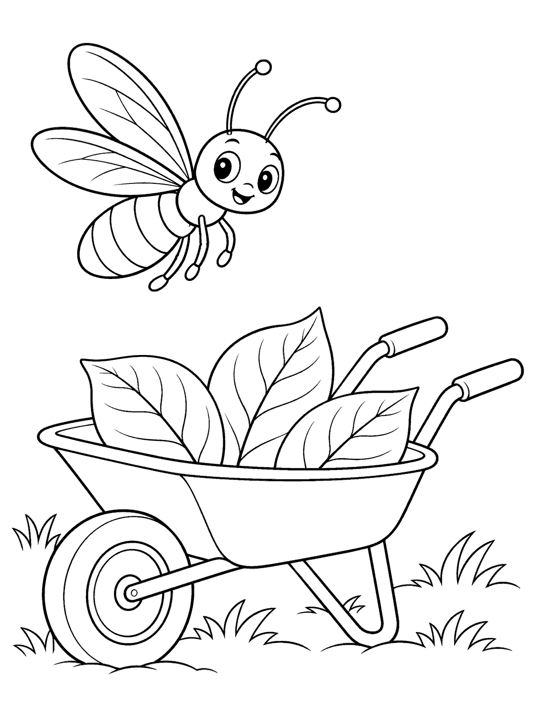 A smiling firefly flies above a garden wheelbarrow filled with three large leaves, with grass around the wheel.