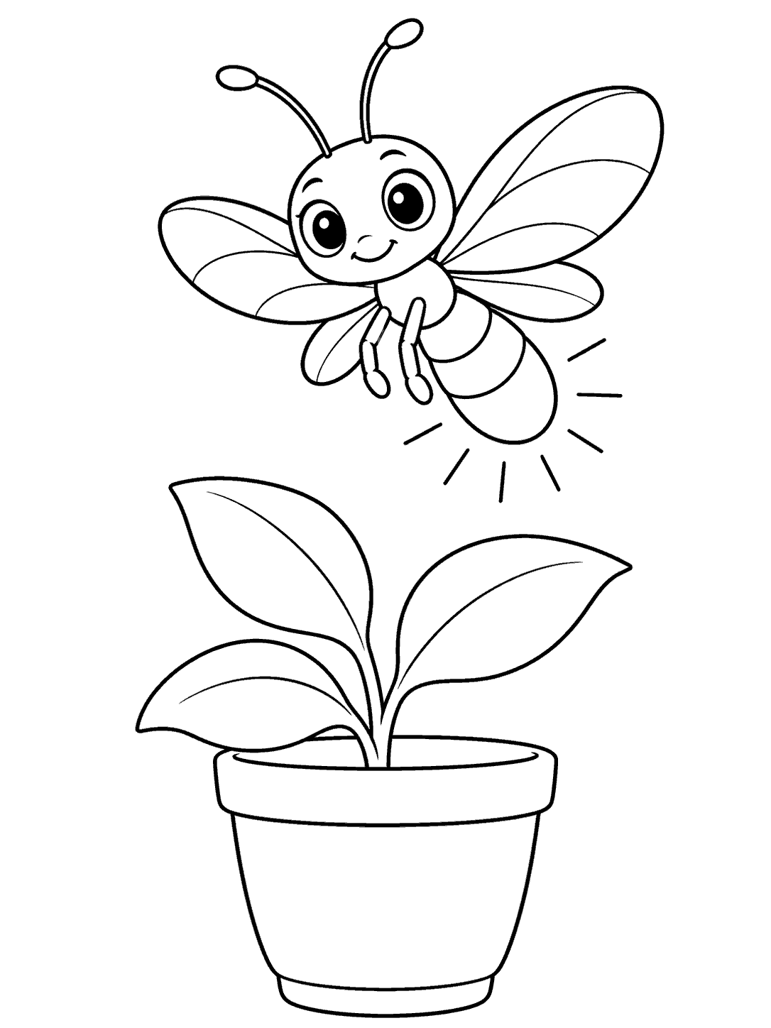 Smiling firefly above a simple flowerpot holding a small four-leaf plant