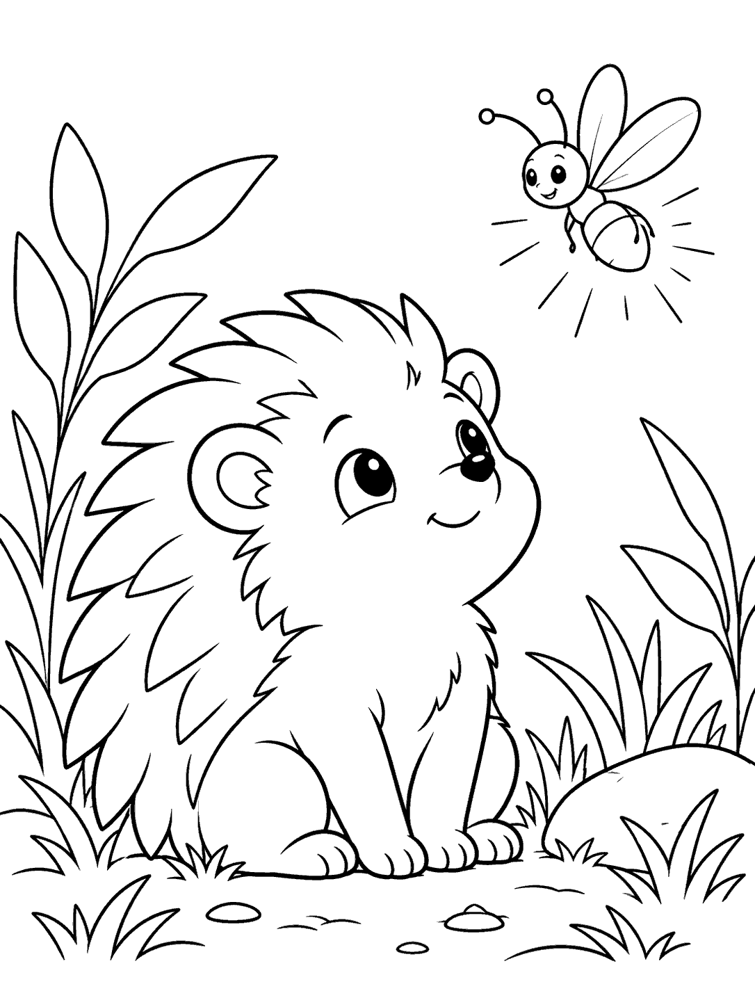Small hedgehog looking up at a hovering firefly among grass and leaves.