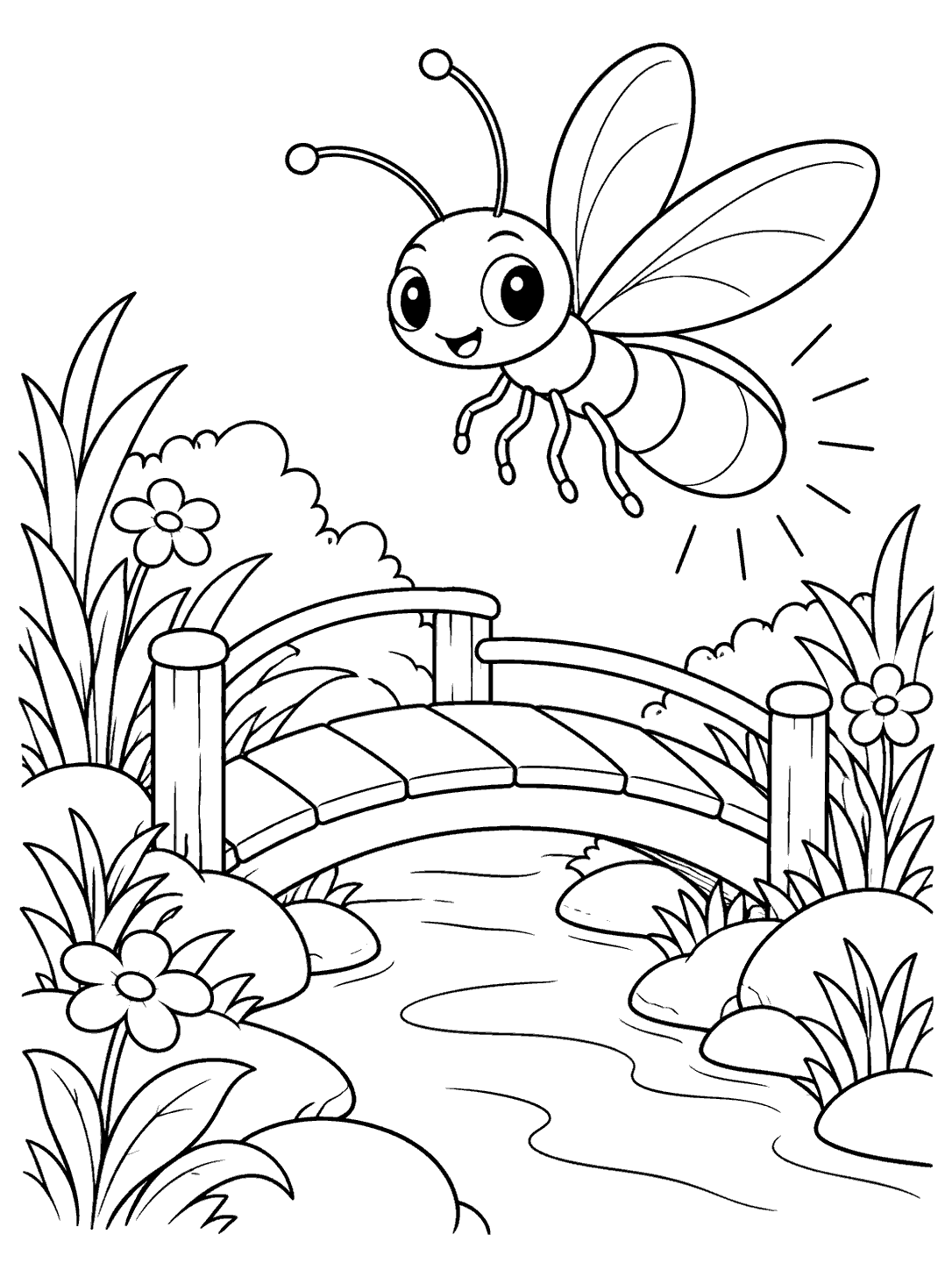 Large smiling firefly hovering above an arched wooden footbridge over a narrow garden stream, with flowers, grasses, and rocks along the banks.
