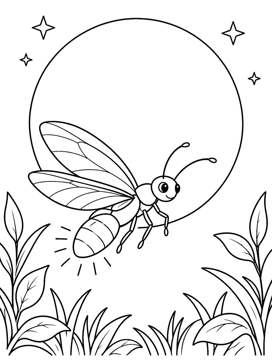 Smiling firefly with detailed wings and a segmented abdomen flying in front of a large blank full moon, surrounded by a few stars and leafy plants.