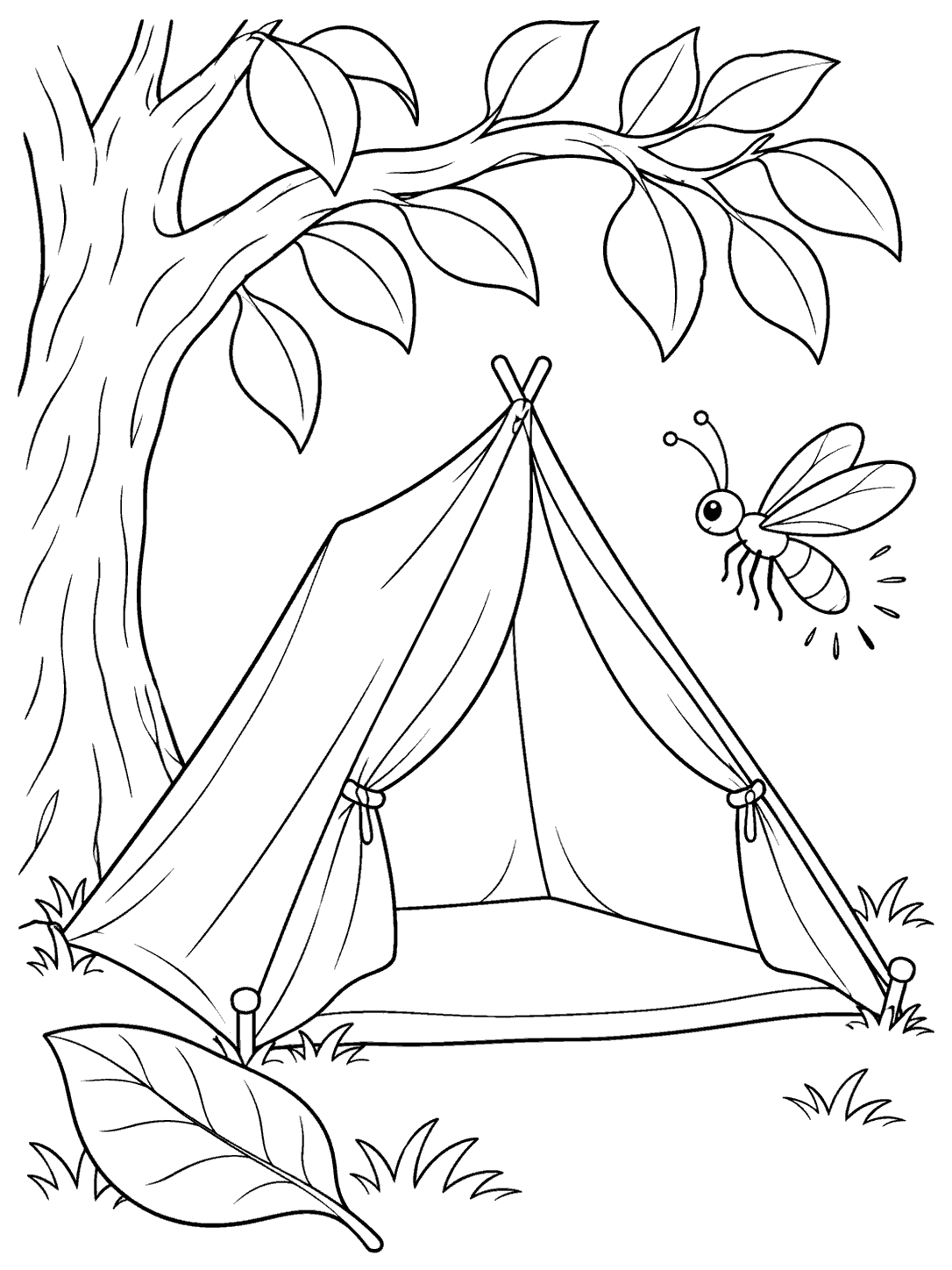 A smiling firefly with outstretched wings hovers beside an open tent beneath a tree branch, with a broad leaf on the ground.