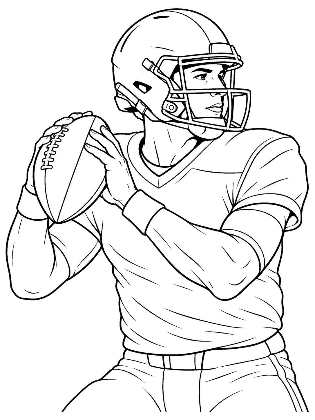Black-and-white line drawing of a helmeted quarterback holding a football near his shoulder, framed from the waist up.