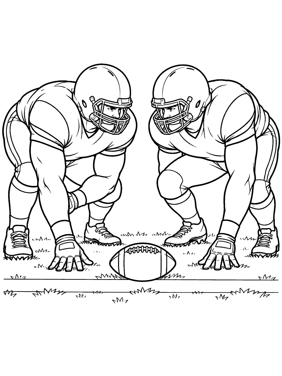 Two helmeted football linemen crouch opposite each other over a football, with a field stripe beneath them.