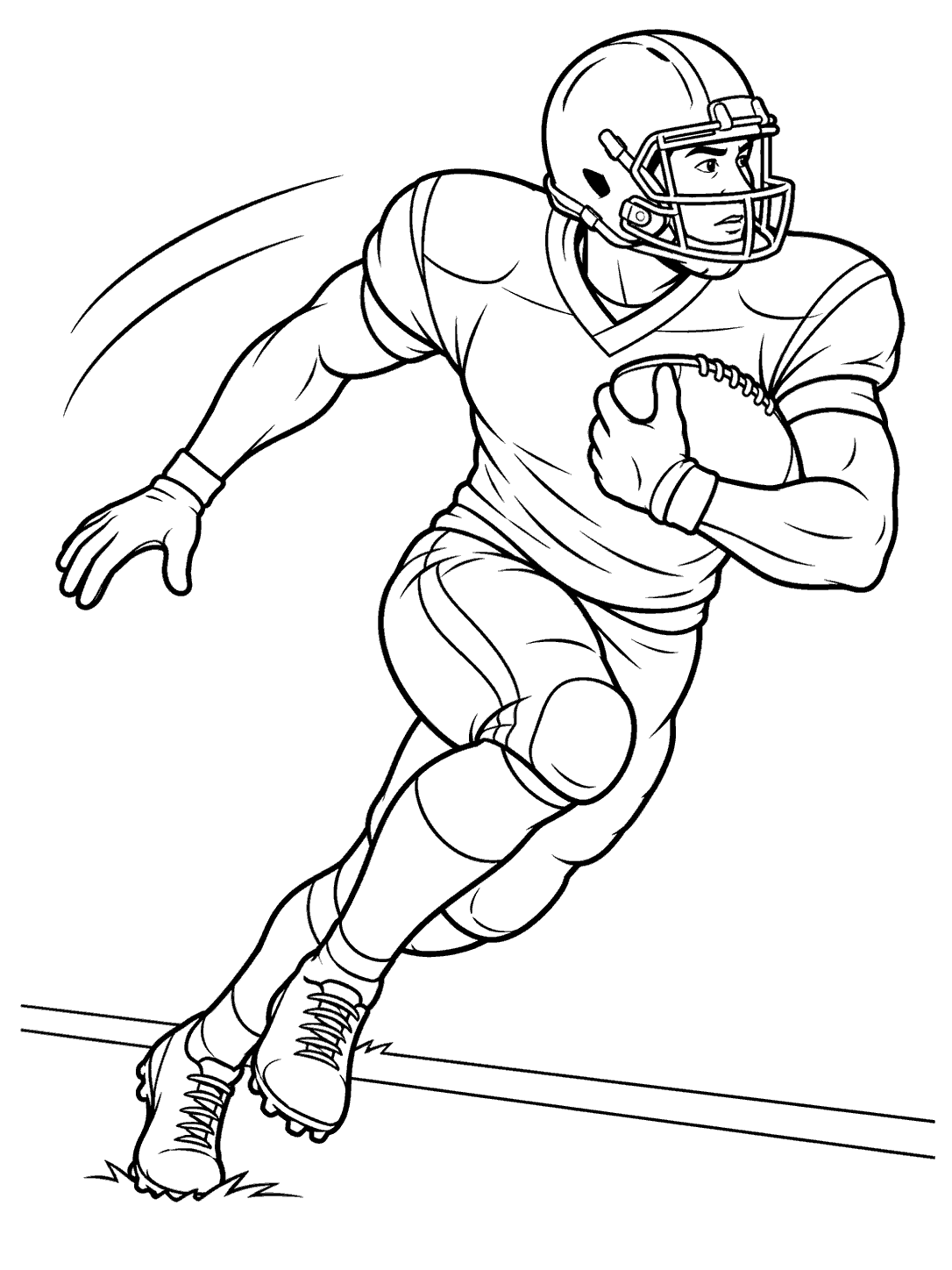 An adult football player in a helmet and uniform runs with the ball held against his chest.