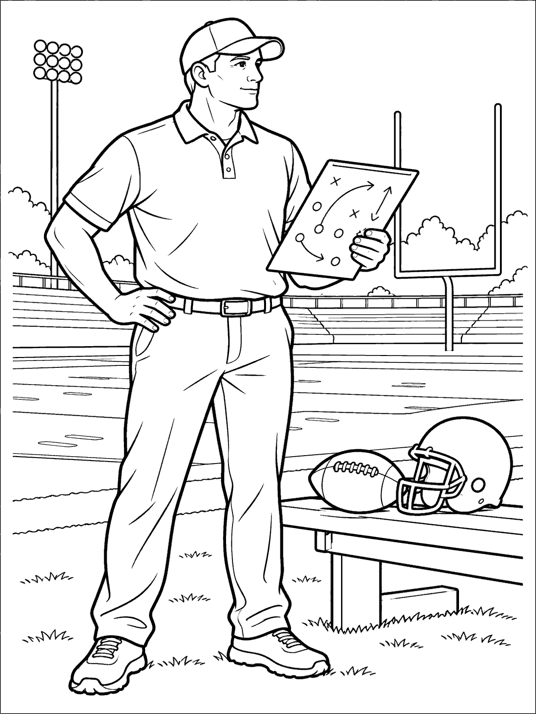 Football coach in a cap holding a play sheet beside a football and helmet on a bench.