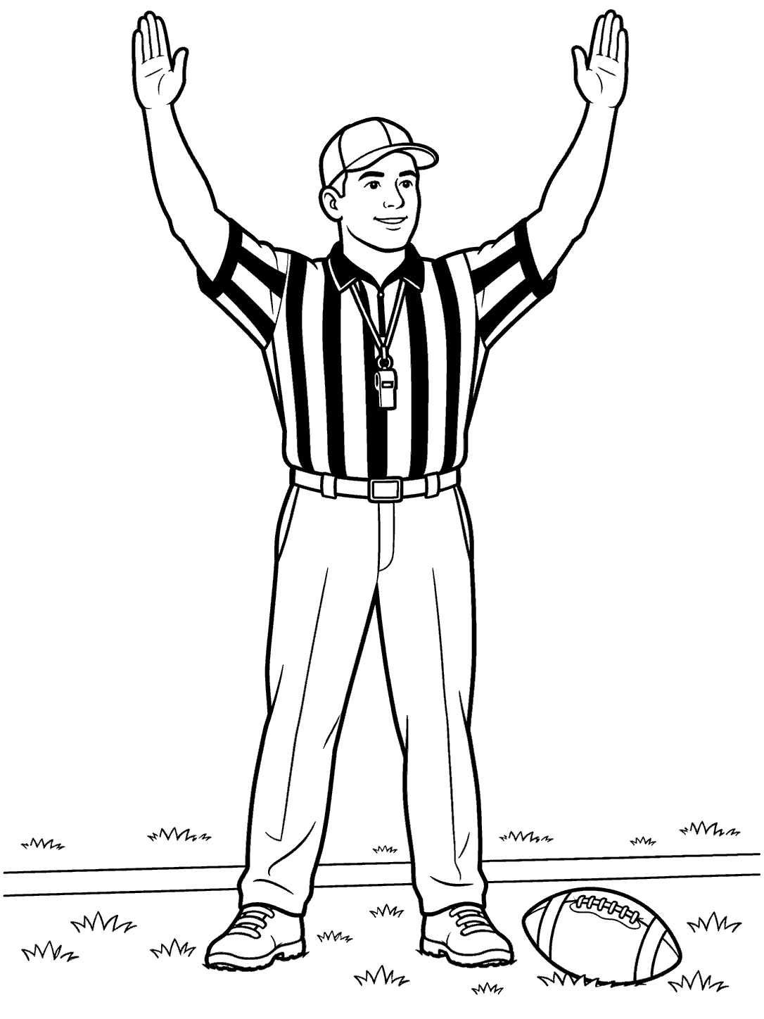 Line-art football referee in a striped shirt and cap, raising both arms beside a football on the field.