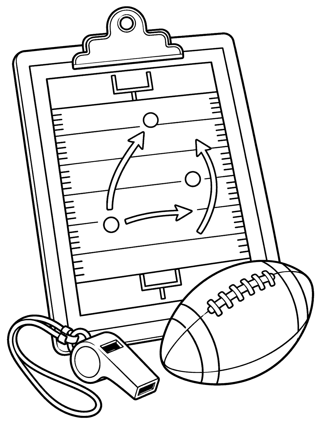 Black-outline football coach’s clipboard with field markings and arrows, alongside a whistle and football.