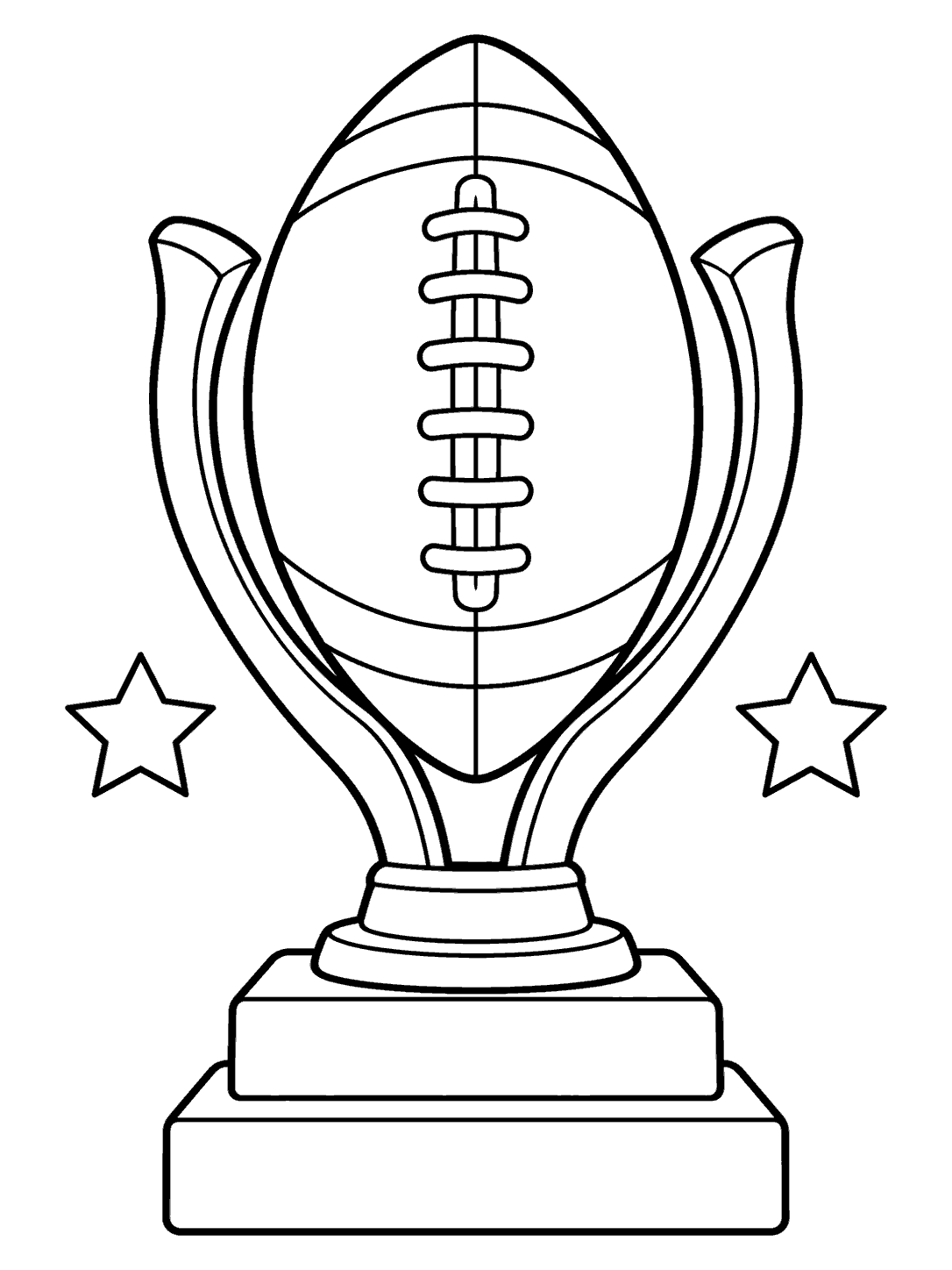 Black-and-white coloring page of an upright football-shaped trophy with curved supports, a two-tier base, and two stars.