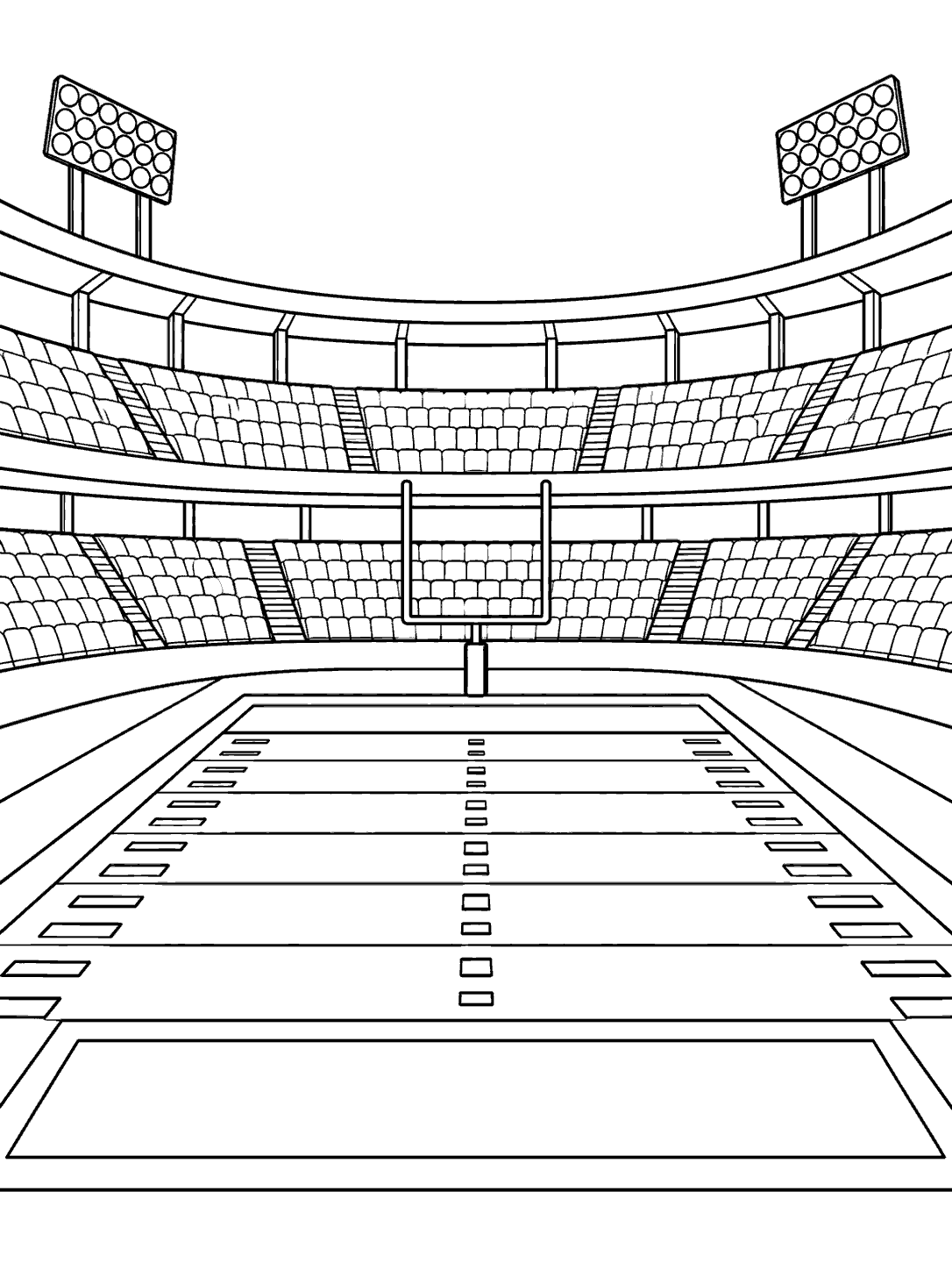 American football stadium with empty stands, goalposts, and a field viewed from the end zone