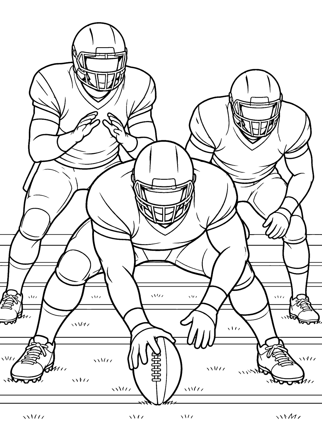 Three football players lined up before a play