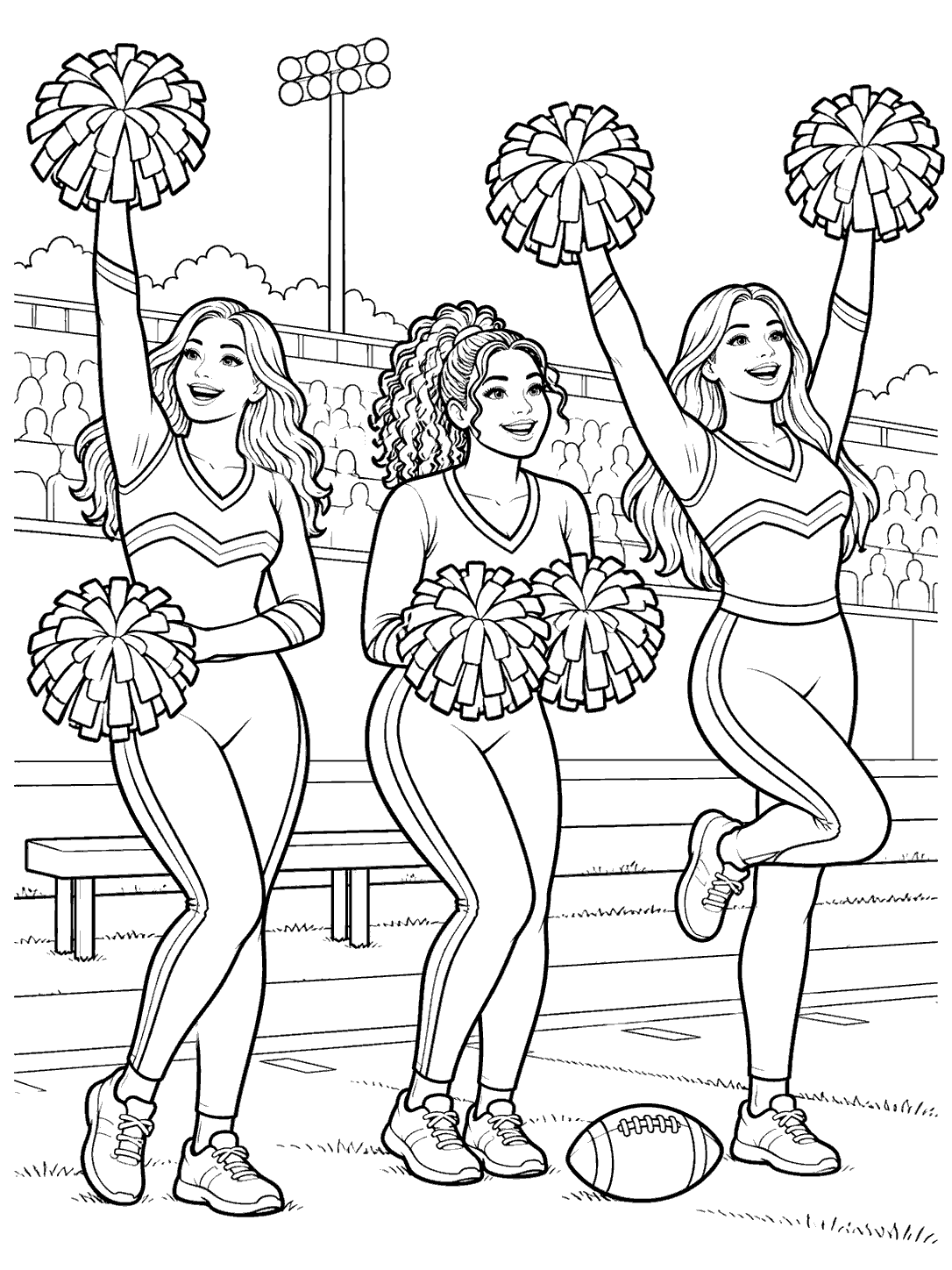Three adult sideline cheerleaders in full-coverage outfits holding pom-poms, with a football at their feet.