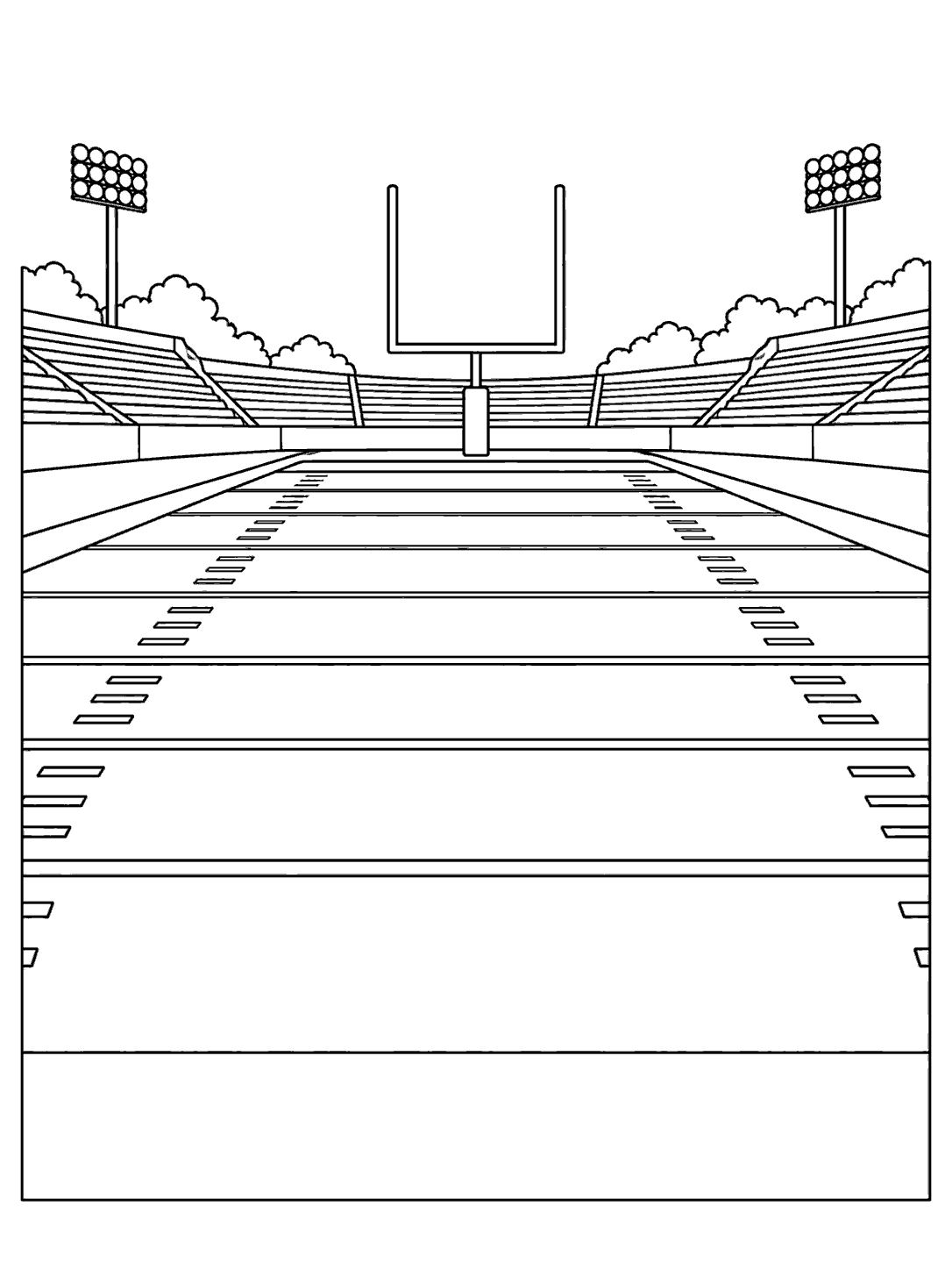 Portrait football field coloring page with converging yard lines, distant goalposts, stadium seating, and two floodlights.