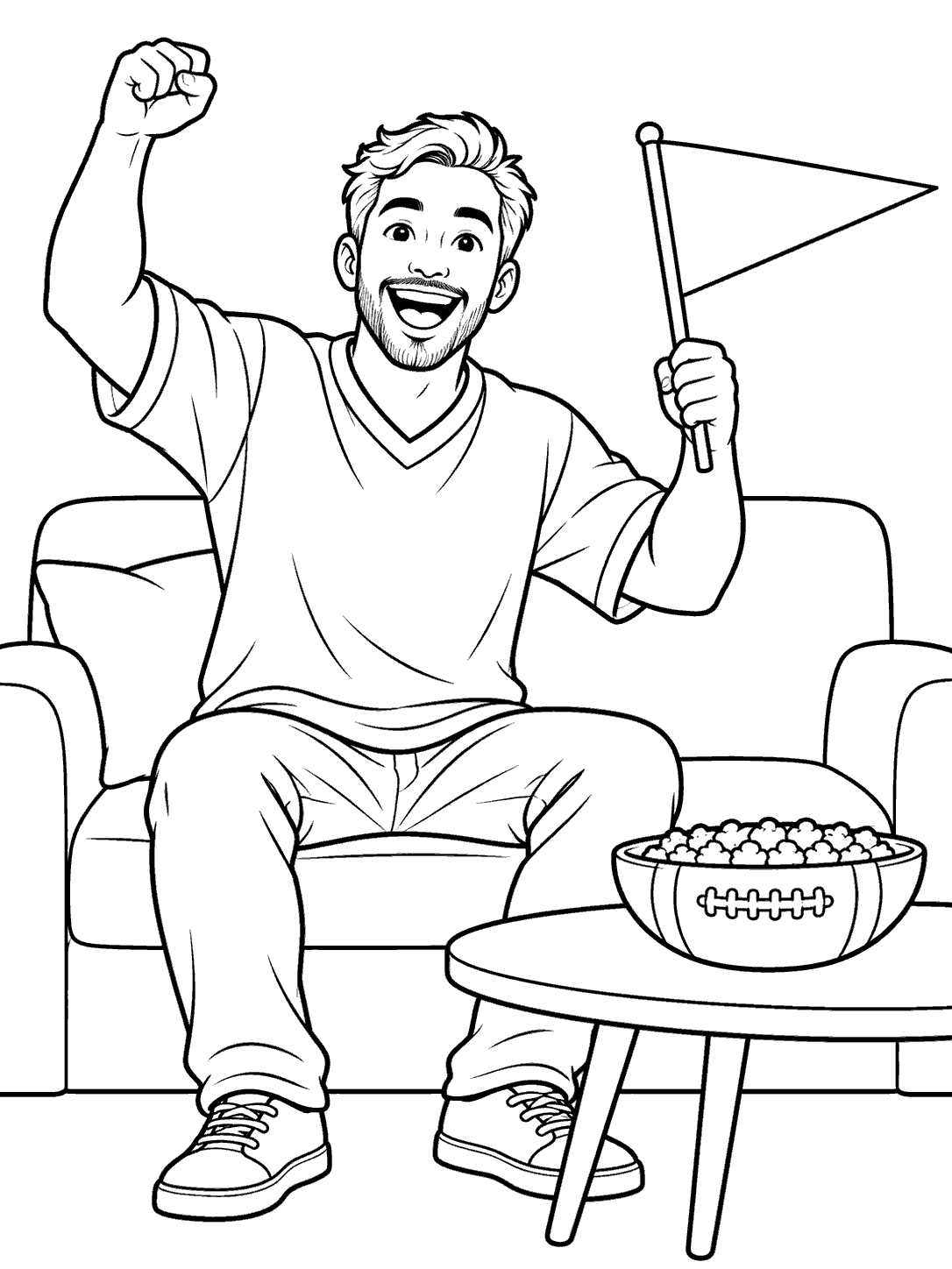 Adult football fan cheering on a couch with a blank pennant and football shaped snack bowl on a table
