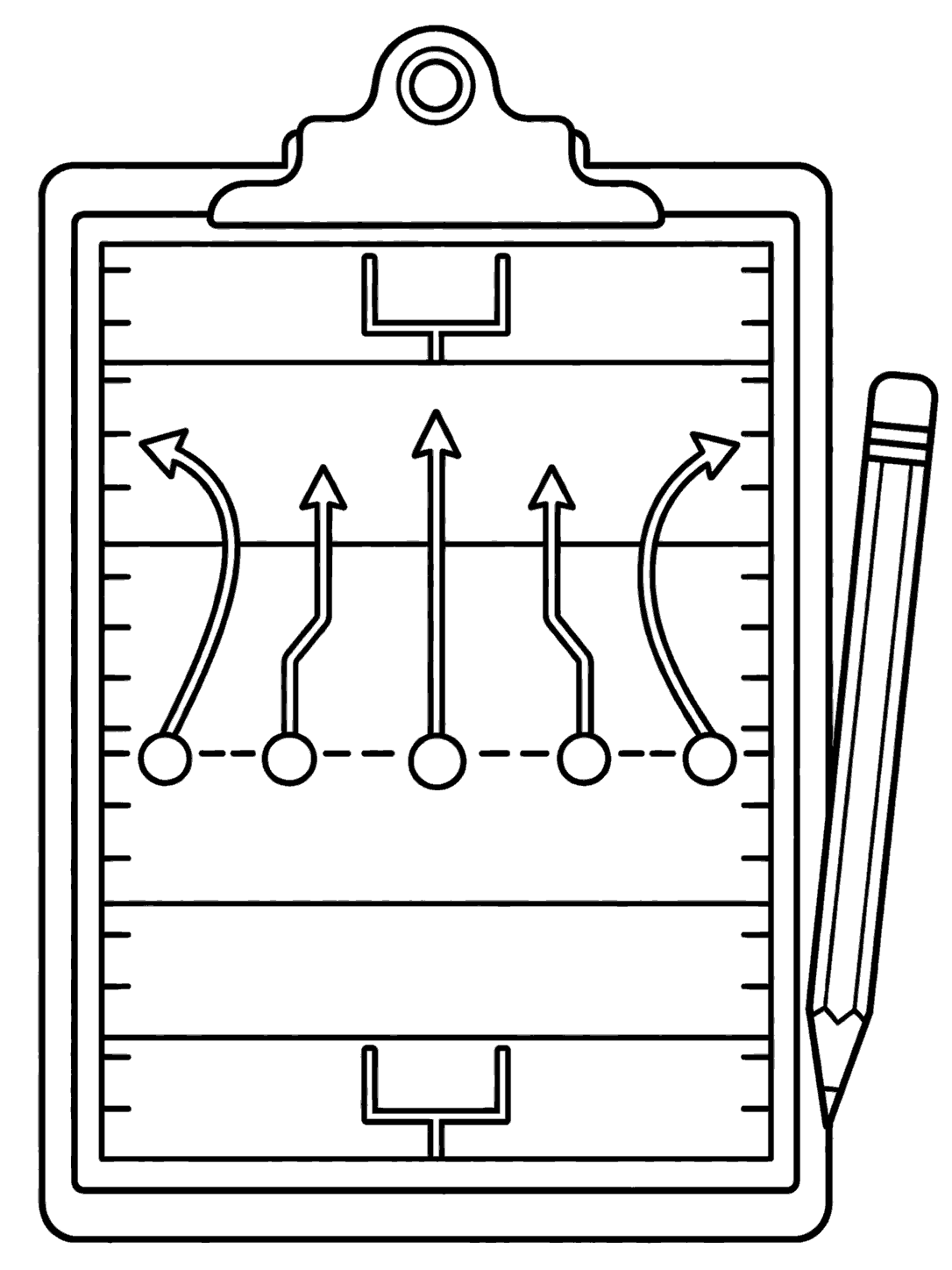 Portrait coloring page with a clipboard football field, five player circles, bold route arrows, and a pencil beside it.