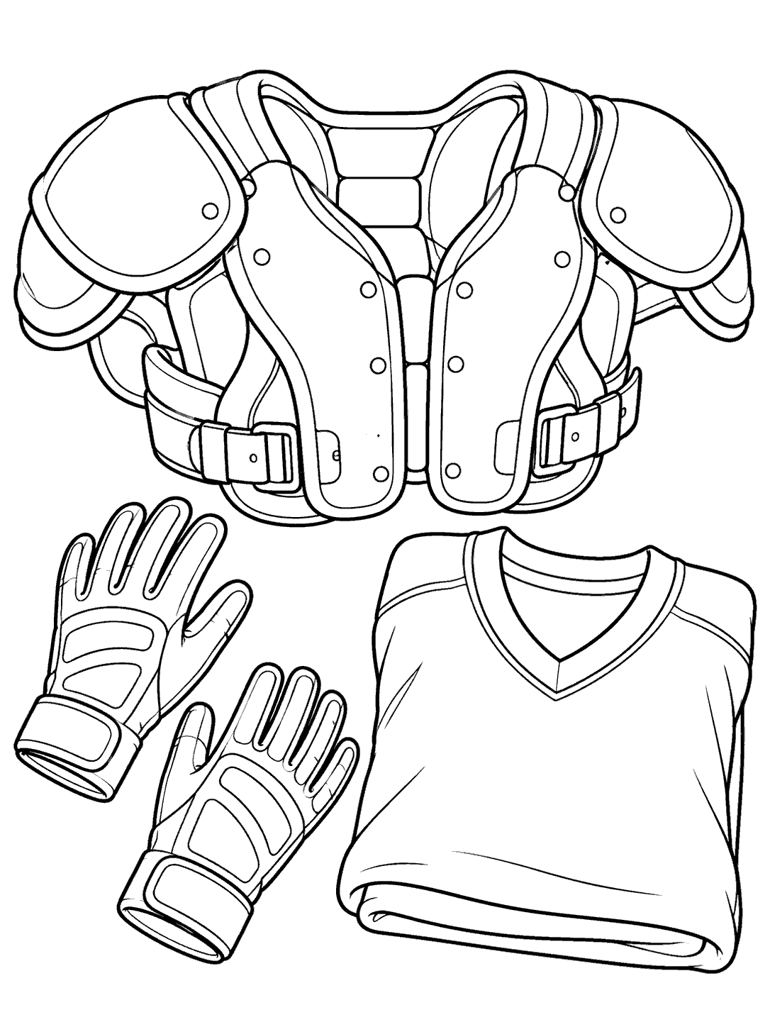 Football shoulder pads, two gloves, and a folded plain jersey in black line art