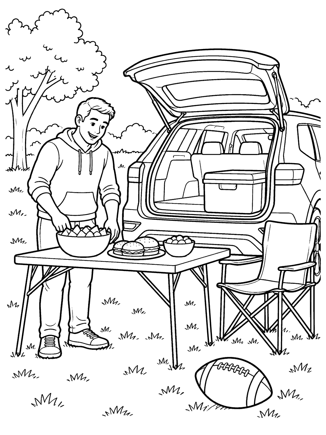 An adult prepares food beside a picnic table, with a parked car and open trunk behind them and a football on the ground.