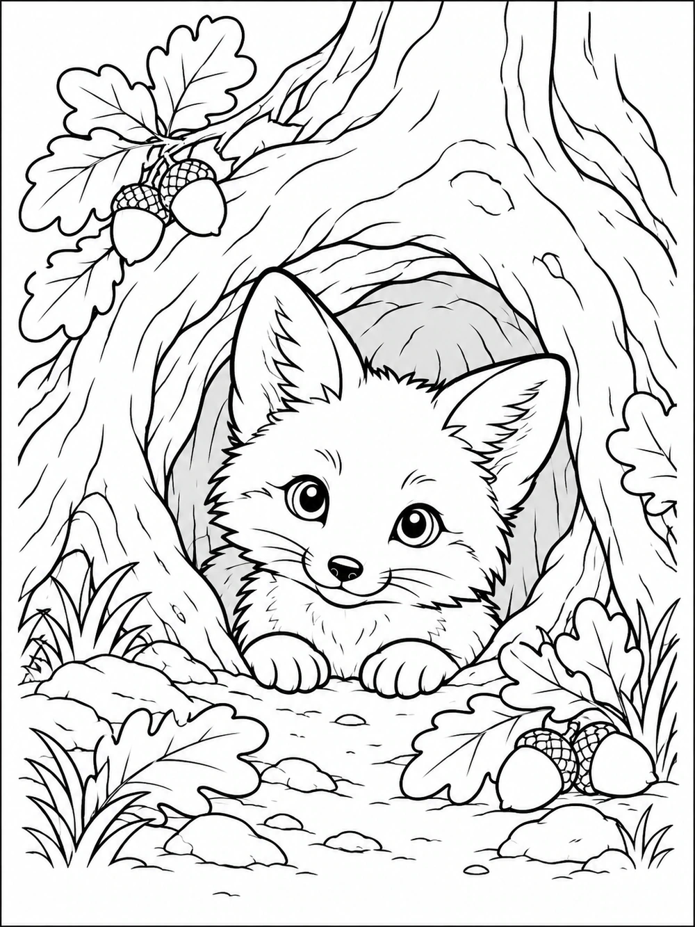 Curious fox kit peeking from a leafy hollow beneath a tree root