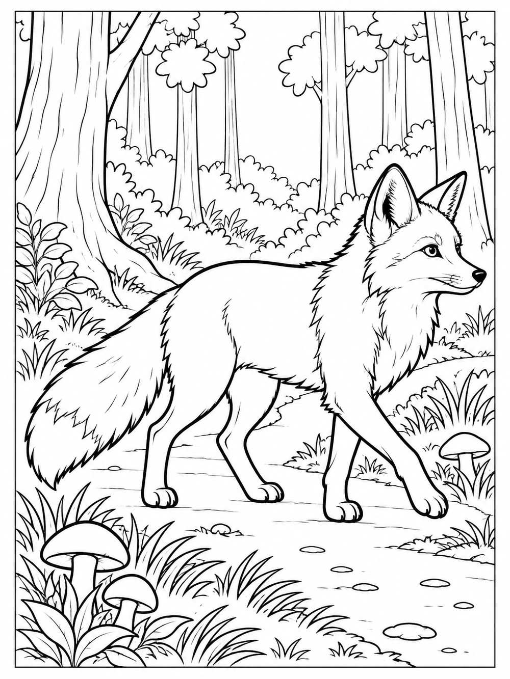 Full-body fox walking along a woodland path among trees, grasses, and mushrooms.