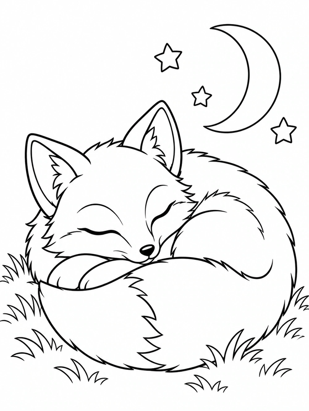 A peaceful fox sleeps with its tail wrapped around its body beneath a crescent moon and three stars.