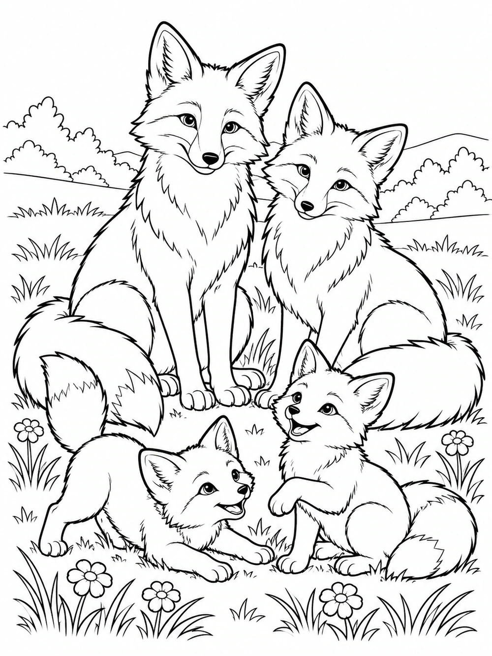 Two adult foxes sit behind two playful kits in a flower-dotted meadow, drawn in black outlines on white.