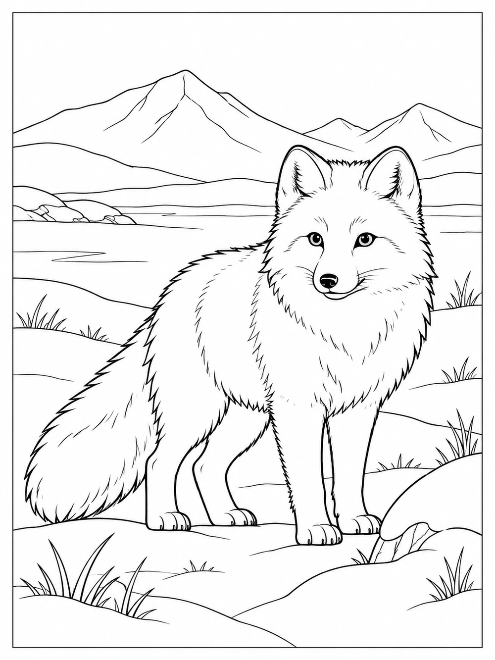Arctic fox standing in a snowy landscape with grasses and mountains
